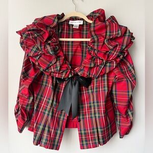 Victor Costa Red Plaid Top Ruffle Neck Button Down Blouse  8